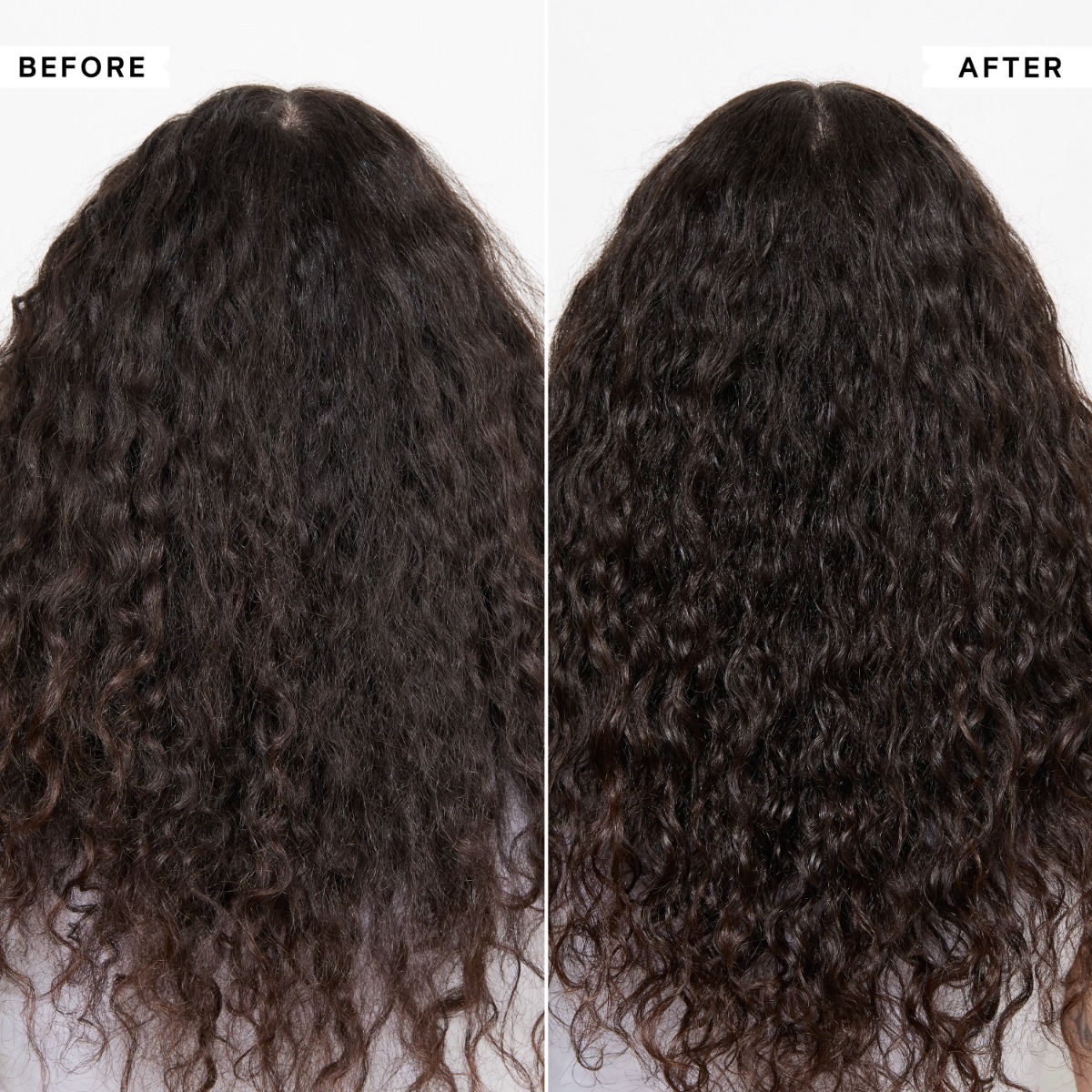 Dark long curly hair, before and after, back view